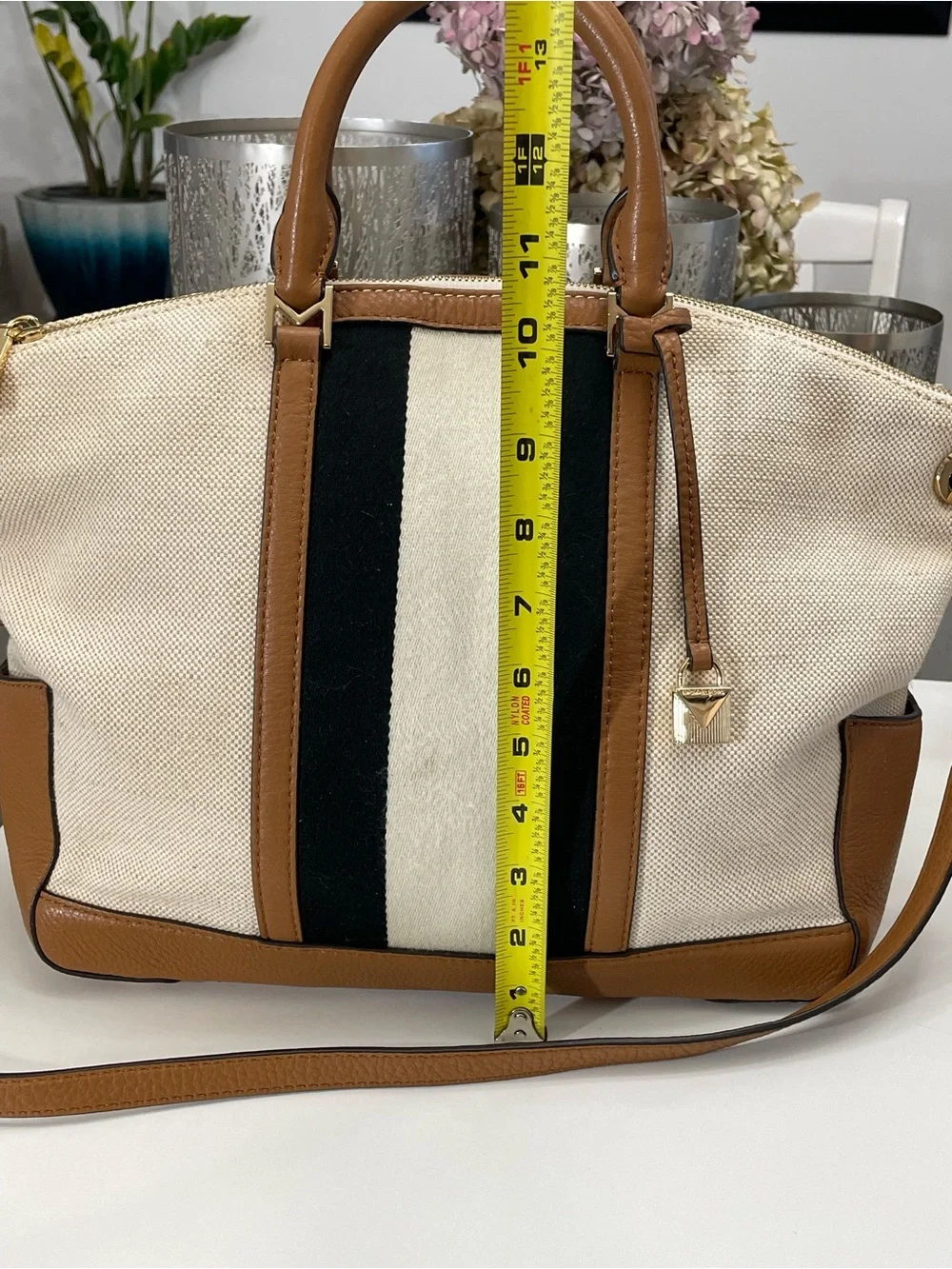 Michael Kors Canvas Leather Satchel Crossbody Bag Stripe Large Beige Brown Tot